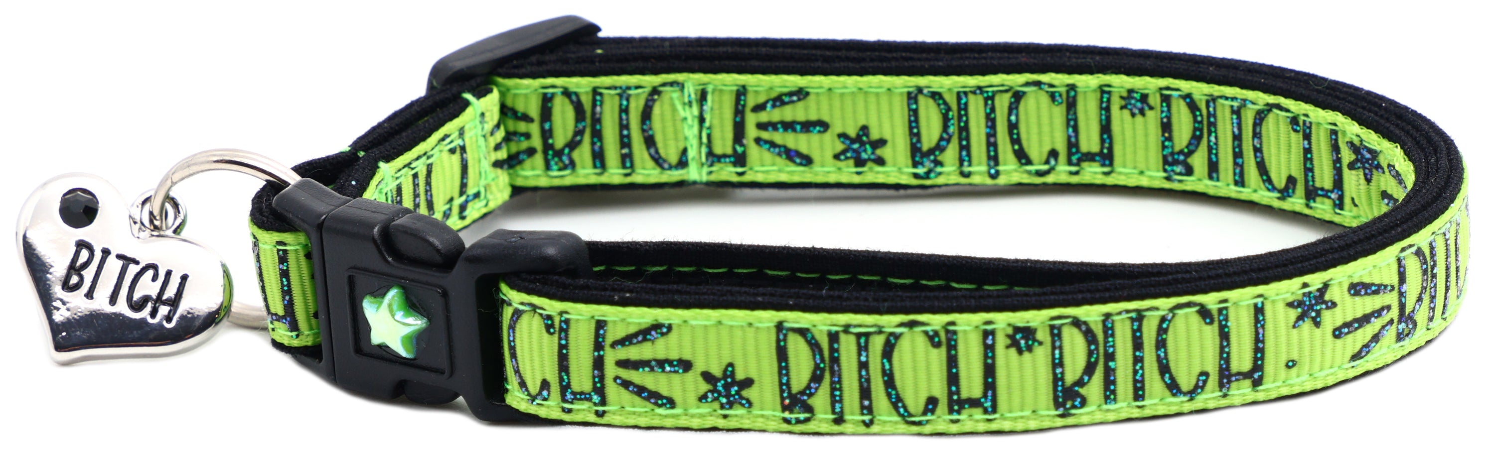 Bitch 2 Breakaway Cat Collar in reinforced cotton with breakaway clips and removable bell, available in various sizes.